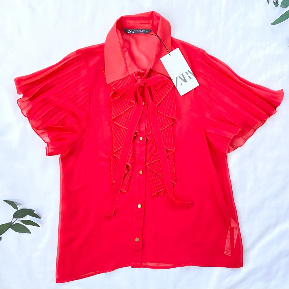 NWT Zara Orange Red Button Down Sheer Blouse Accordion Sleeve Ruffles Front Tie